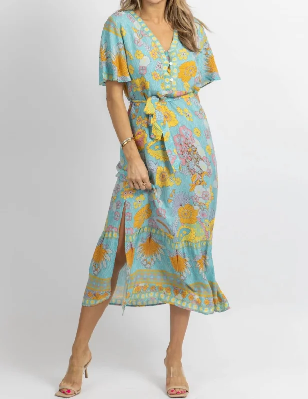 Butterfly Sleeve Midi Dress In Light Blue Floral Trendy Tiered Hem Midi Dress