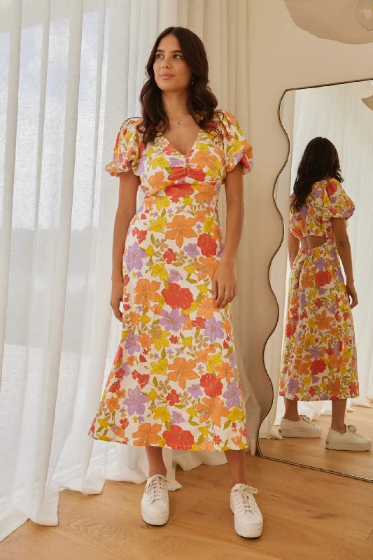 Clementine Fruity Floral Back Cut Out Midi Dress Trendy Flared Sleeve Midi Dress