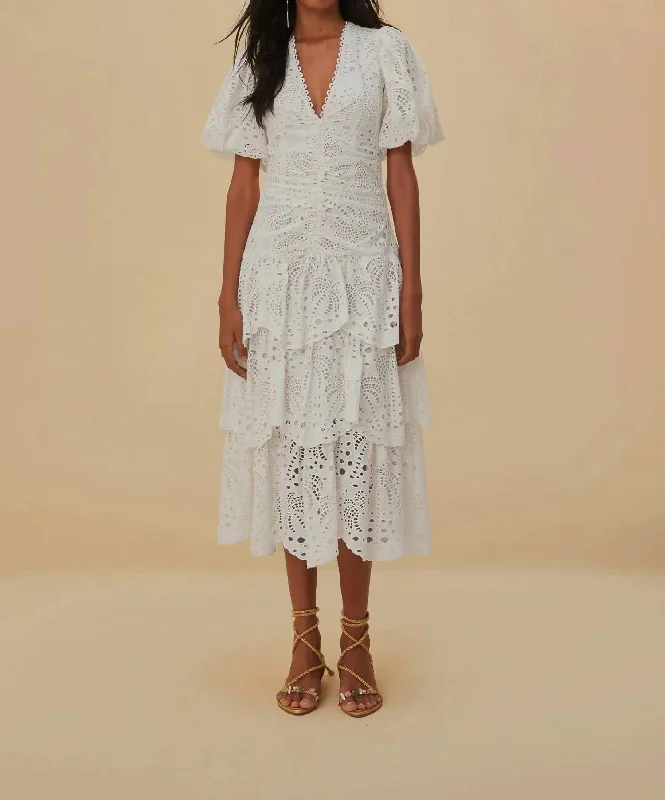 Cotton Eyelet Puff Sleeve Midi Dress In White Fashionable Wide Leg Midi Dress