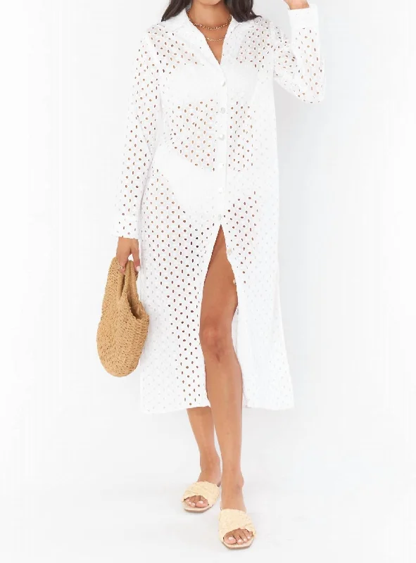 Dayton Button Down Midi Dress In White Eyelet Fashionable Sheer Sleeve Midi Dress