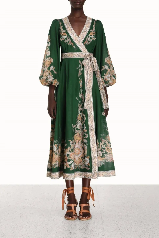 Devi Wrap Midi Dress In Emerald Paisley Elegant Maxi-Midi Hybrid Dress