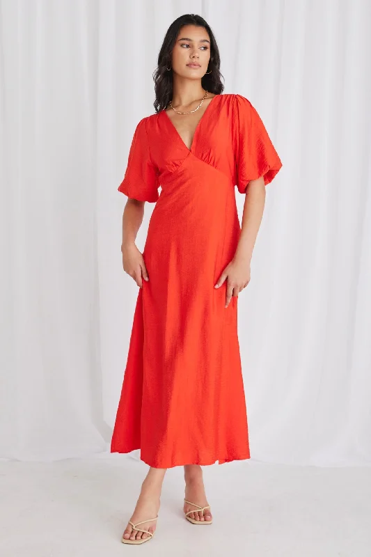 Empire Sunset Puff Sleeve Midi Dress Trendy Ruched Side Midi Dress