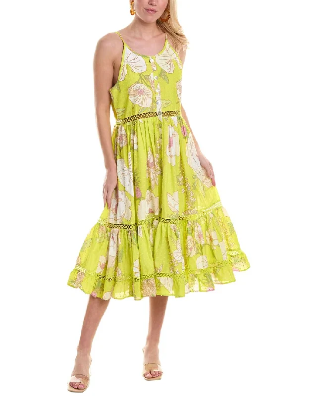 FARM Rio Yellow Neon Garden Swiss Dot Midi Dress Chic Off-Shoulder Midi Dress