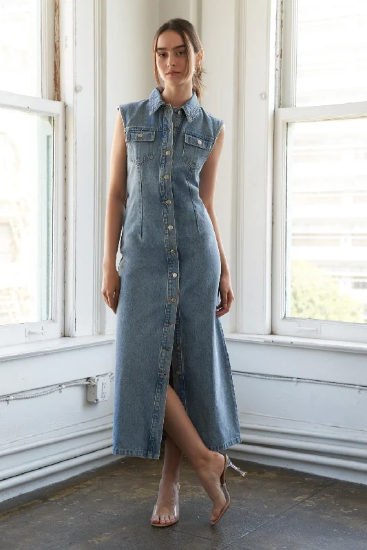 JUST FOLLOW ME DENIM MIDI DRESS Fashionable Sheer Sleeve Midi Dress