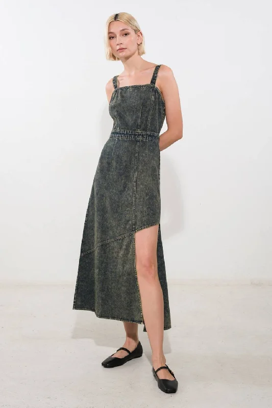 EXOTIC BREEZE DENIM MIDI DRESS Fashionable High-Neck Midi Dress