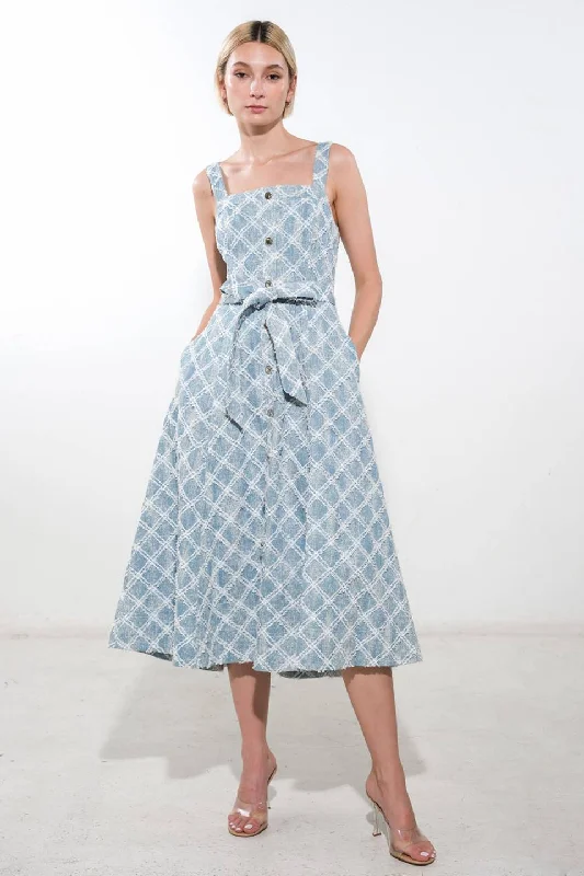 MADE TO BELIVE DENIM MIDI DRESS Trendy Square Neck Midi Dress