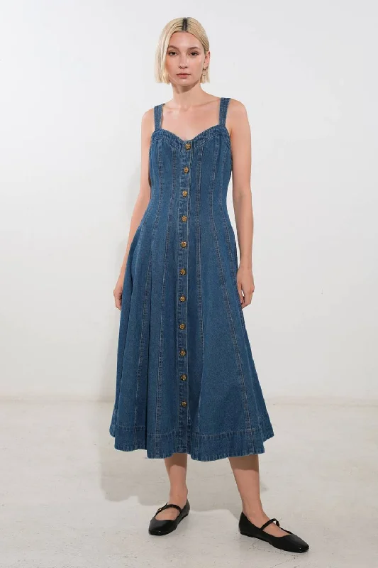 FEEL THE BEAT DENIM MIDI DRESS Cozy Wide Strap Midi Dress