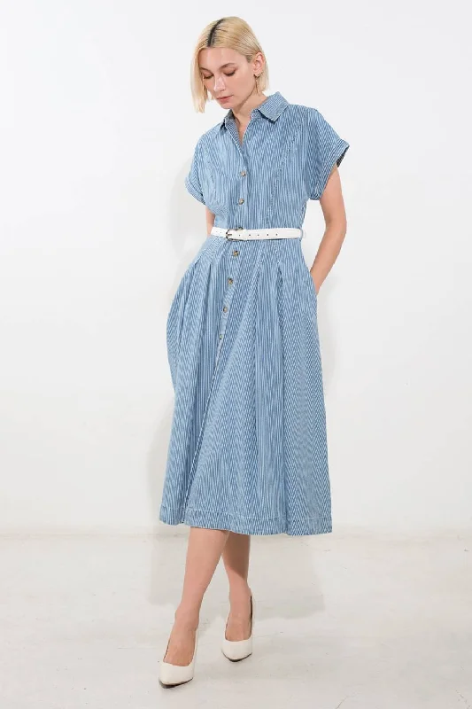 SOAK IN THE SUN DENIM MIDI DRESS Elegant Satin Button Midi Dress