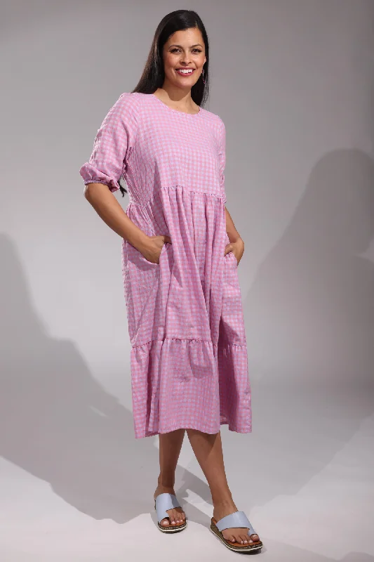 Gingham Midi Dress | Pink/Lilac Mid Check | 4071YY Trendy Flared Sleeve Midi Dress