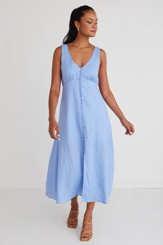 Girl Next Door Mid Blue Linen Sleeveless Button Front Midi Dress Cozy Knit Midi Dress