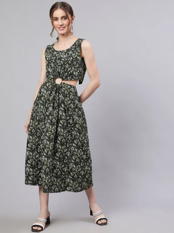 Women's Green Floral Print Cut-Out Midi Dress - Aks Trendy Ruched Side Midi Dress