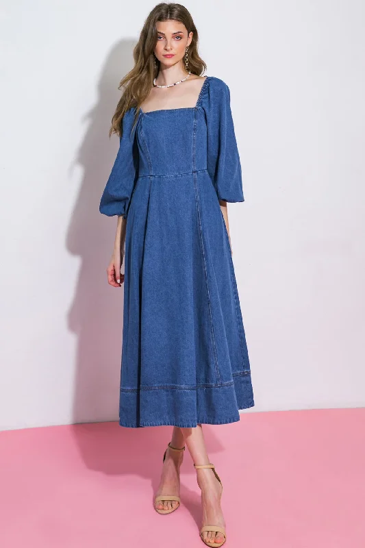 FEELIN'S GROOVY DENIM MIDI DRESS Trendy Fit-and-Flare Midi Dress