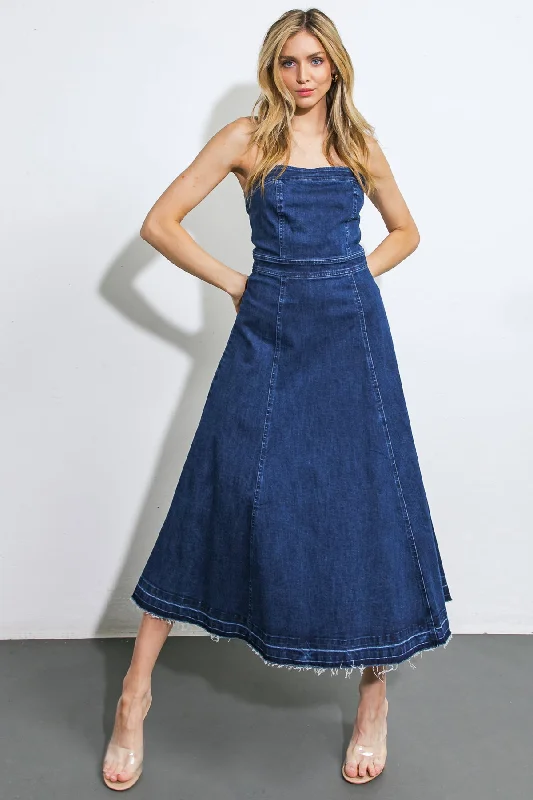 HERE GOES NOTHING DENIM MIDI DRESS Fashionable Casual Midi Dress