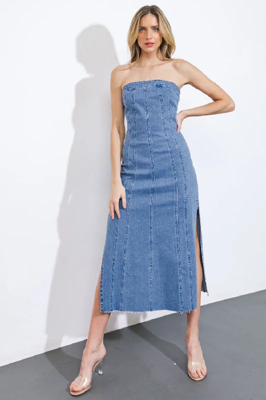 YOU'RE THRIVING DENIM MIDI DRESS Trendy Bodycon Midi Dress