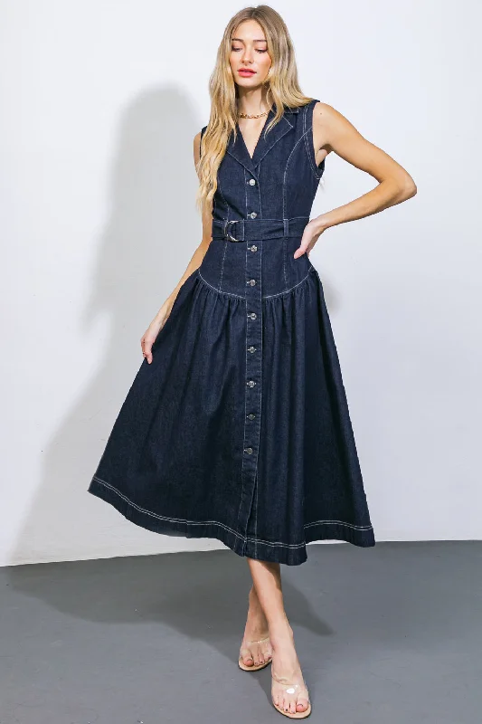 DEEP IN MY SOUL DENIM MIDI DRESS Comfortable Button Front Midi Dress