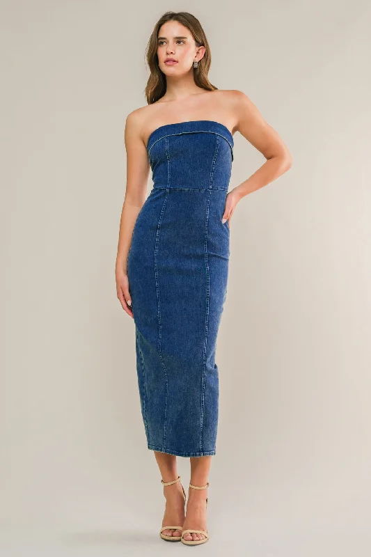 ENDLESS SUNSETS DENIM MIDI DRESS Stylish Silk Midi Dress