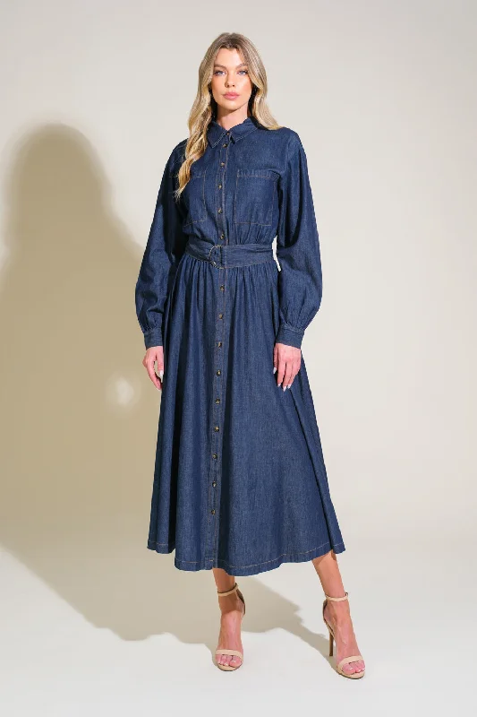 ROMANTICALLY SPEAKING DENIM MIDI DRESS Trendy Smocked Waist Midi Dress