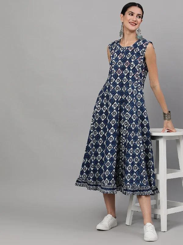 Women's Indigo Printed Midi Dress - Aks Comfortable Sleeveless Midi Dress