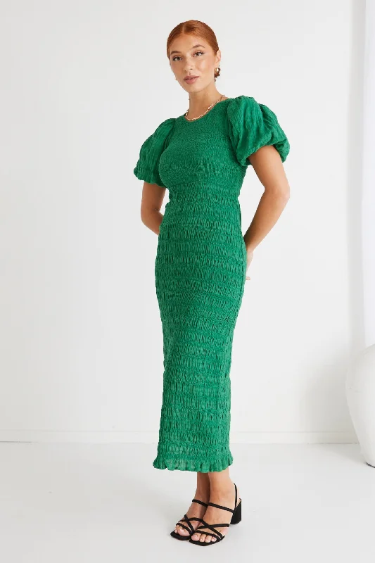 Jade Green Shirred Cotton Puff Sleeve Ruched Midi Dress Fashionable Wide Leg Midi Dress