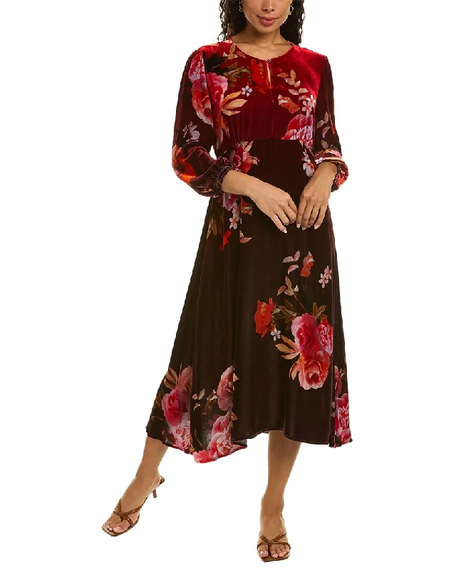 Johnny Was Coralie Effortless Silk-Blend Midi Dress Fashionable Floral Embroidery Midi Dress