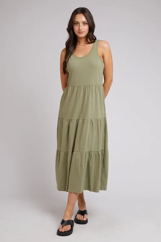 Linen Cotton Khaki Tiered Midi Dress Stylish Vintage Midi Dress