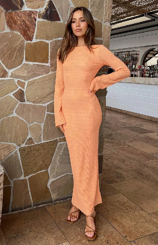 Looking For Love Orange Long Sleeve Midi Dress Cozy A-Line Midi Dress