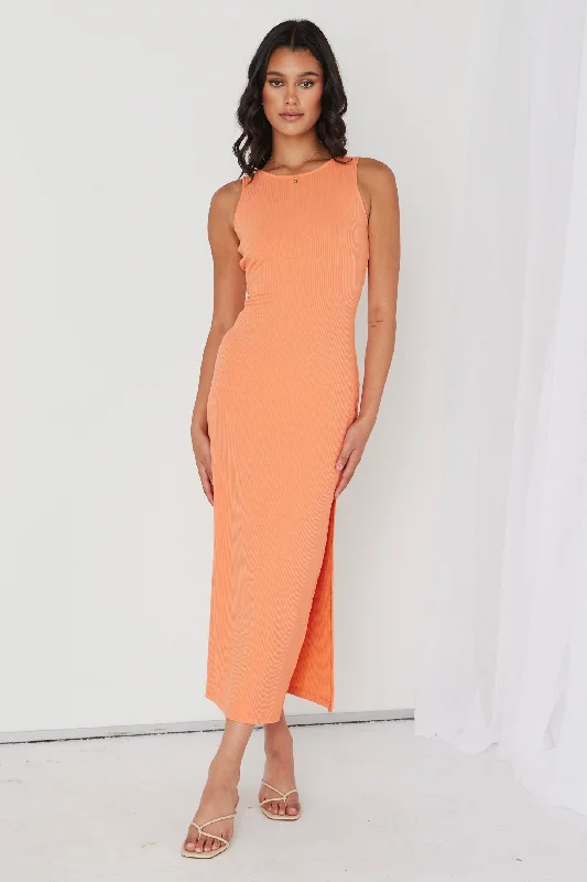 Malibu Orange Rib Twist Sleeveless Midi Dress Cozy A-Line Midi Dress