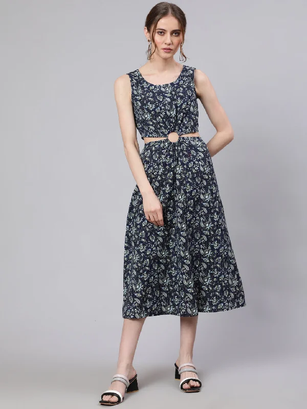 Women's Navy Blue Floral Print Cut-Out Midi Dress - Aks Trendy Fit-and-Flare Midi Dress