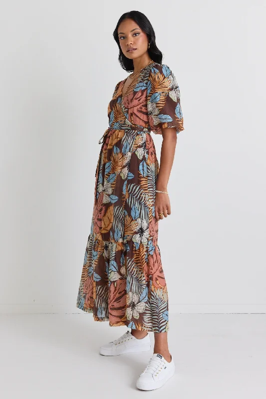 Ocean Tropical Chocolate Print SS Wrap Midi Dress Comfortable Sleeveless Midi Dress