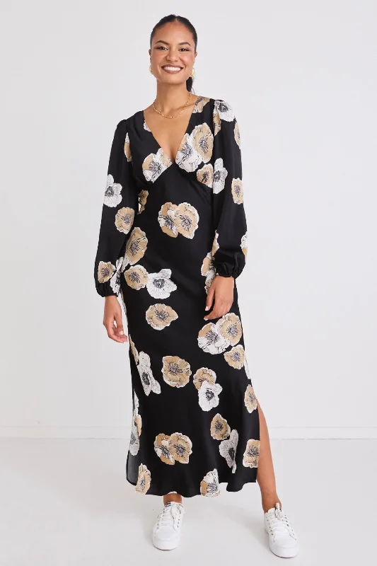 Phoenix Black Floral Satin LS Bias Midi Dress Comfortable Draped Midi Dress