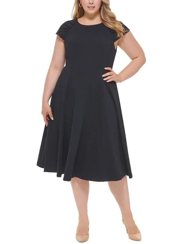 Plus Womens Cap Sleeve Long Midi Dress Stylish Pleated Skirt Midi Dress