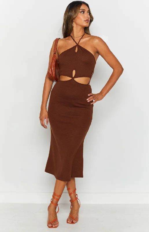 Quanah Cut Out Midi Dress Brown Stylish Striped Midi Dress