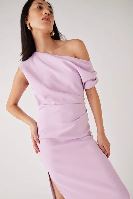 Regency Lilac Off Shoulder Midi Dress Trendy Off-Shoulder Button Midi Dress