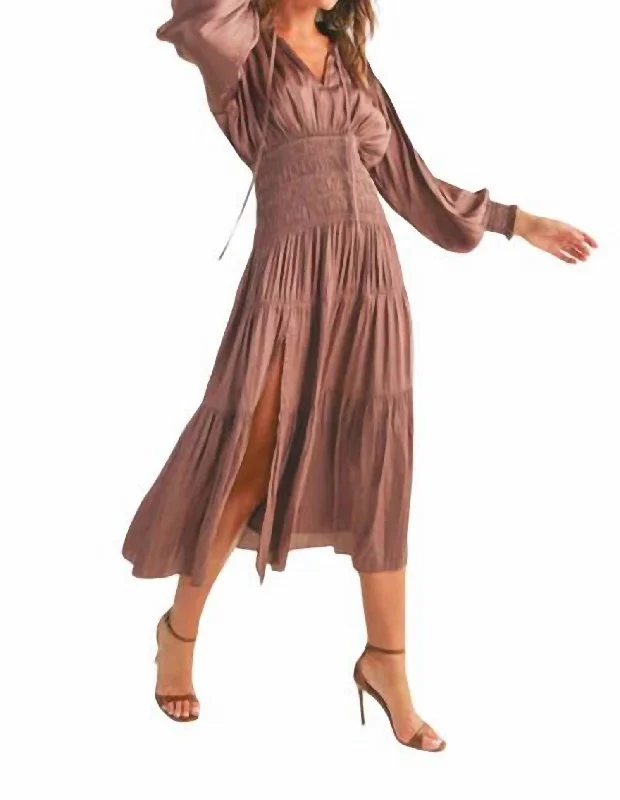 Satin Midi Dress In Mauve Trendy Off-Shoulder Button Midi Dress