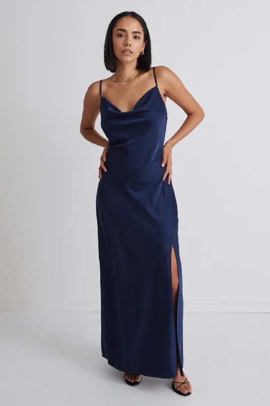 Show Stopper Navy Satin Strappy Midi Dress Elegant V-Neck Midi Dress