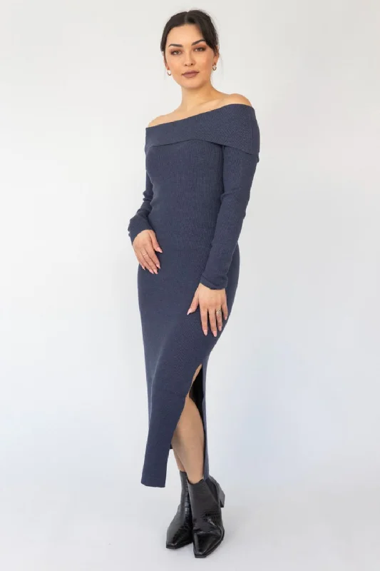 Sophie Navy Marle Off Shoulder Rib Knit Midi Dress Comfortable Fit-and-Flare Midi Dress