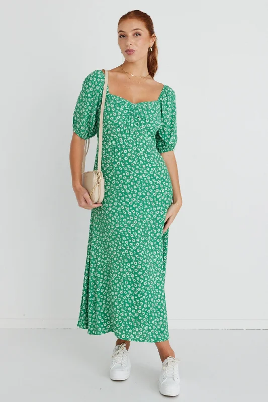 Sweetheart Green Ditsy Smocked Bodice SS Midi Dress Fashionable Off-Shoulder Dress Midi