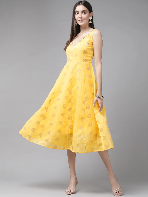 Women's Yellow Chanderi Jacquard A Line Midi Dress - Ahalyaa Fashionable Fitted Midi Dress