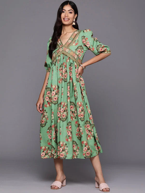 Women's Floral Print Puff Sleeve Crepe A-Line Midi Dress - Ahalyaa Stylish Satin Midi Dress