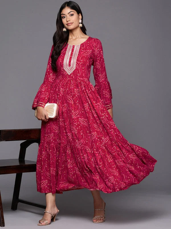 Women's Ethnic Motifs Print Bell Sleeve A-Line Midi Dress - Ahalyaa Stylish Off-Shoulder Ruffle Dress