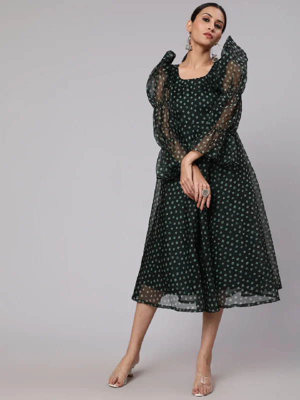 Women's Dark Green Printed Flared Midi Dress With Balloon Sleeve - Aks Fashionable Sheer Sleeve Midi Dress