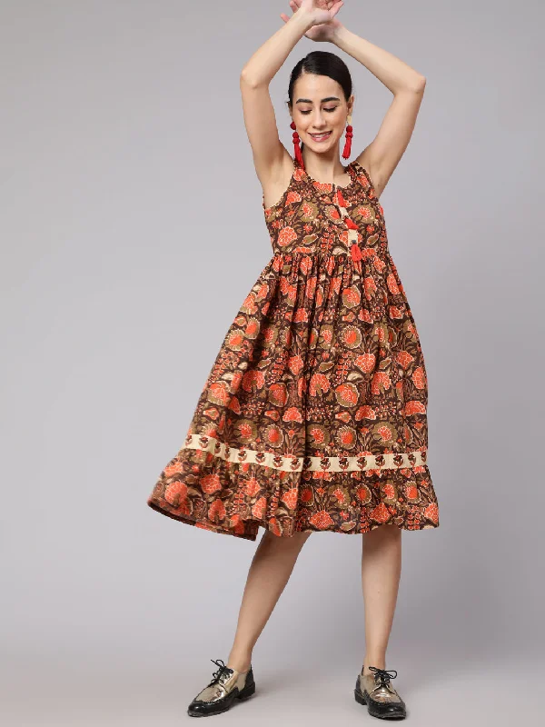 Women's Brown & Orange Floral Printed Midi Dress - Aks Trendy Shift Midi Dress