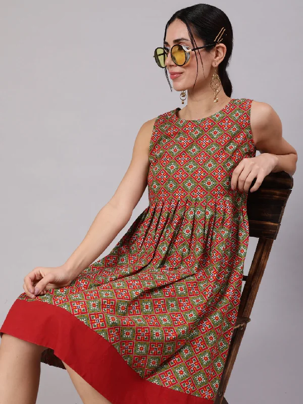 Women's Red & Green Patola Printed Pleated Midi Dress - Aks Elegant Floral Skirt Midi Dress