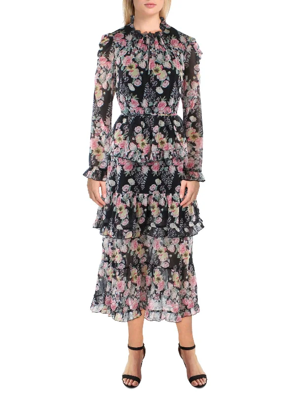 Womens Chiffon Floral Midi Dress Stylish Button-Down Midi Dress