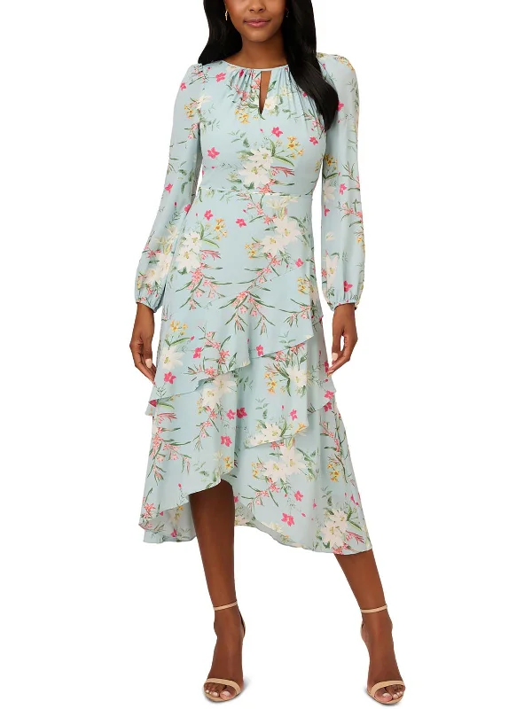 Womens Floral Print Polyester Midi Dress Trendy Ruched Side Midi Dress