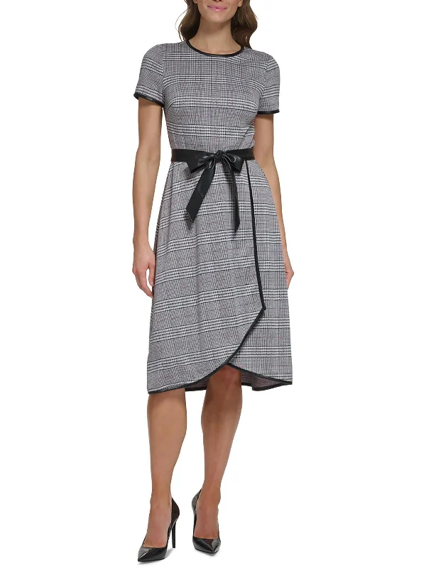 Womens Plaid Faux Wrap Midi Dress Stylish Pleated Skirt Midi Dress