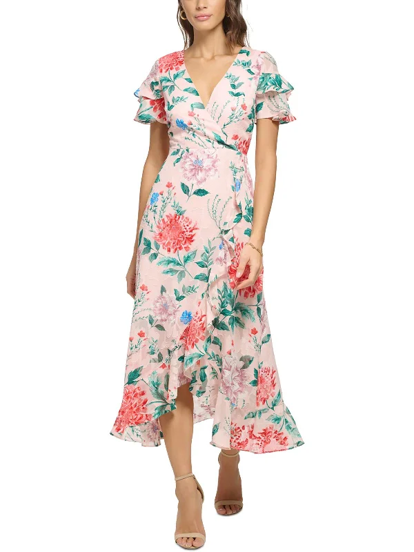 Womens Ruffled Mid-Calf Midi Dress Comfortable Ruched Midi Dress