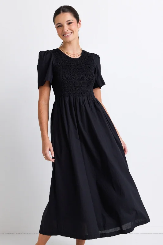 Wren Black Poplin SS Shirred Bodice Midi Dress Chic Off-Shoulder Midi Dress