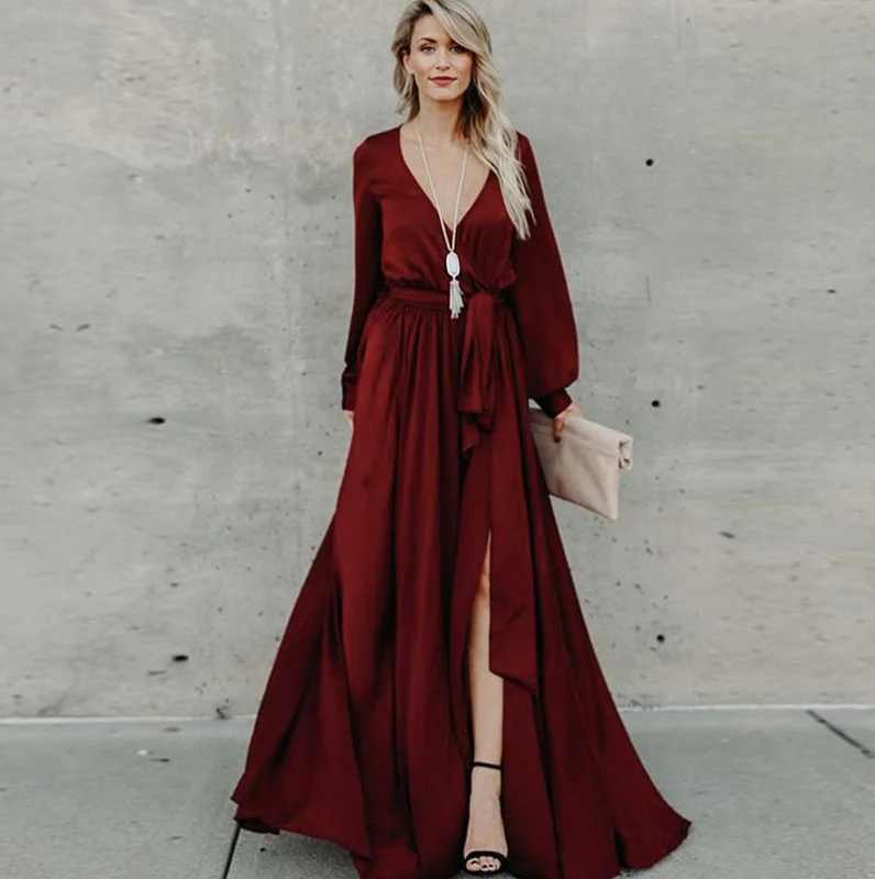 KittenAlarm - Women Casual Long Sleeve V Neck Slit hem Maxi Dress Belted Solid Color Ladies Elegant Long Dress Cozy Knitted Maxi Dress