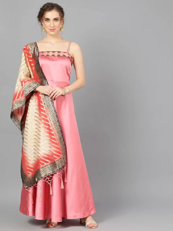 Women's  Pink Printed Maxi Dress With Dupatta - AKS Classic A-Line Maxi Dress